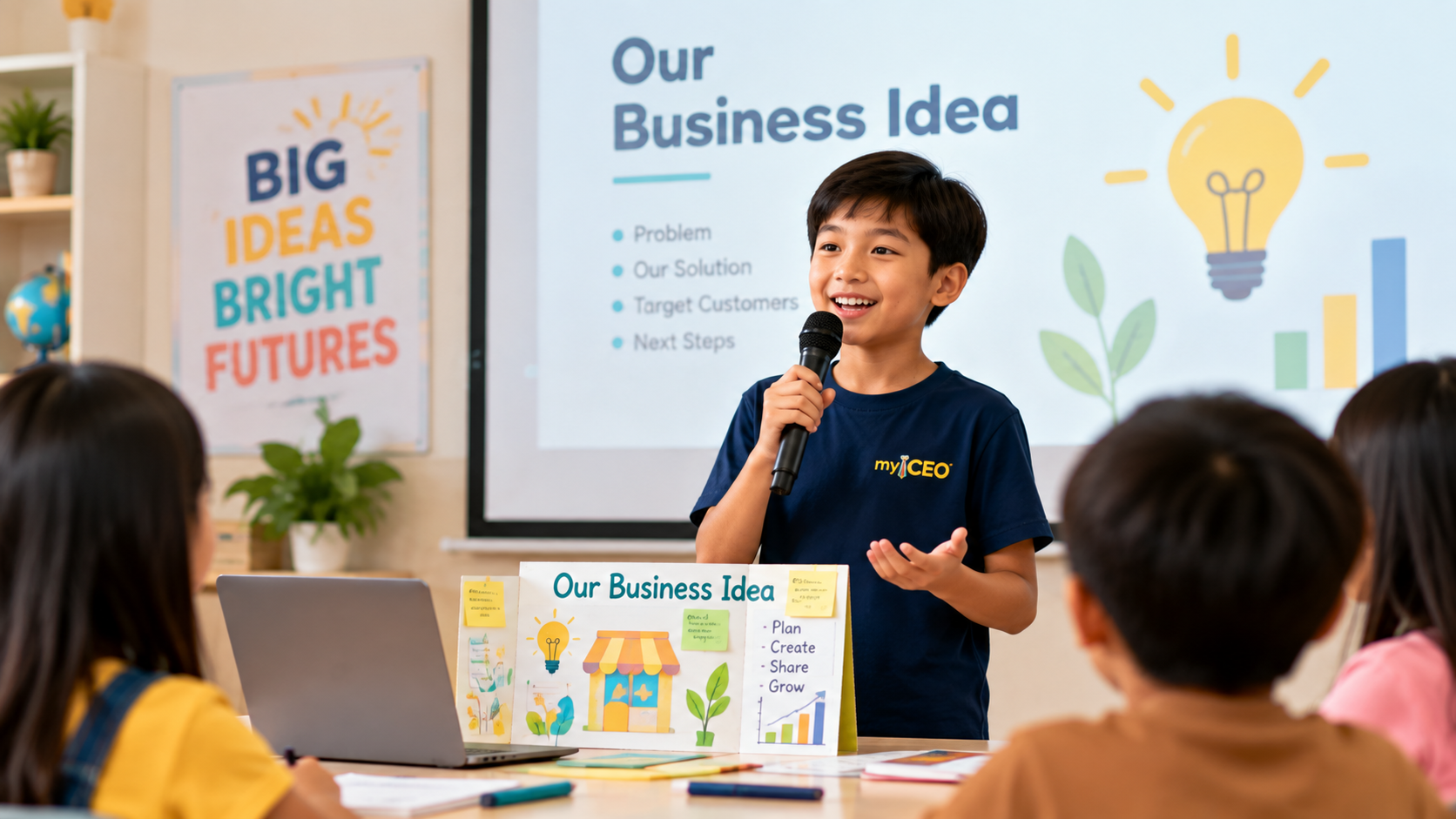 Child presenting in front of a group